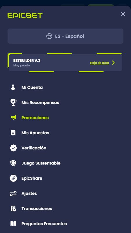 Menú de navegación de Epicbet